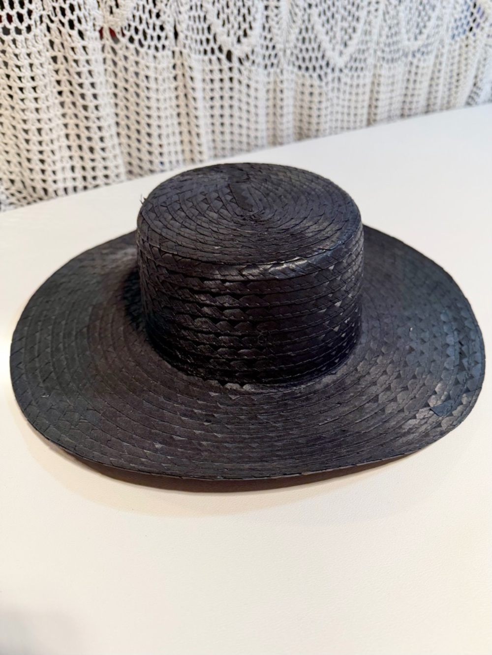VINTAGE Gibson Girl style black woven straw hat wide brim 50s 60s sun hat church - Picture 4 of 8